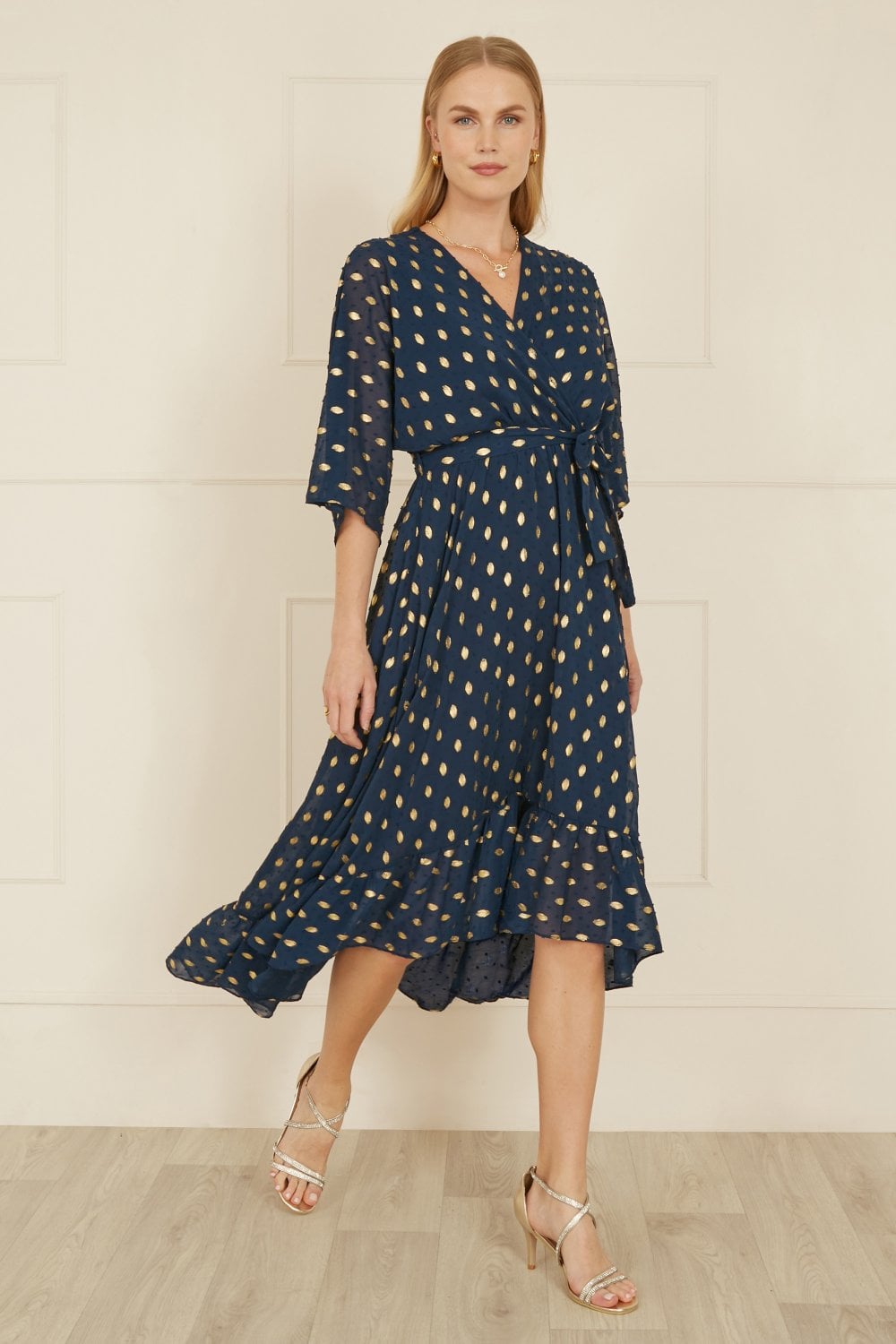 Yumi Navy Foil Print Wrap Over Dip Hem Midi Dress - QHA UK