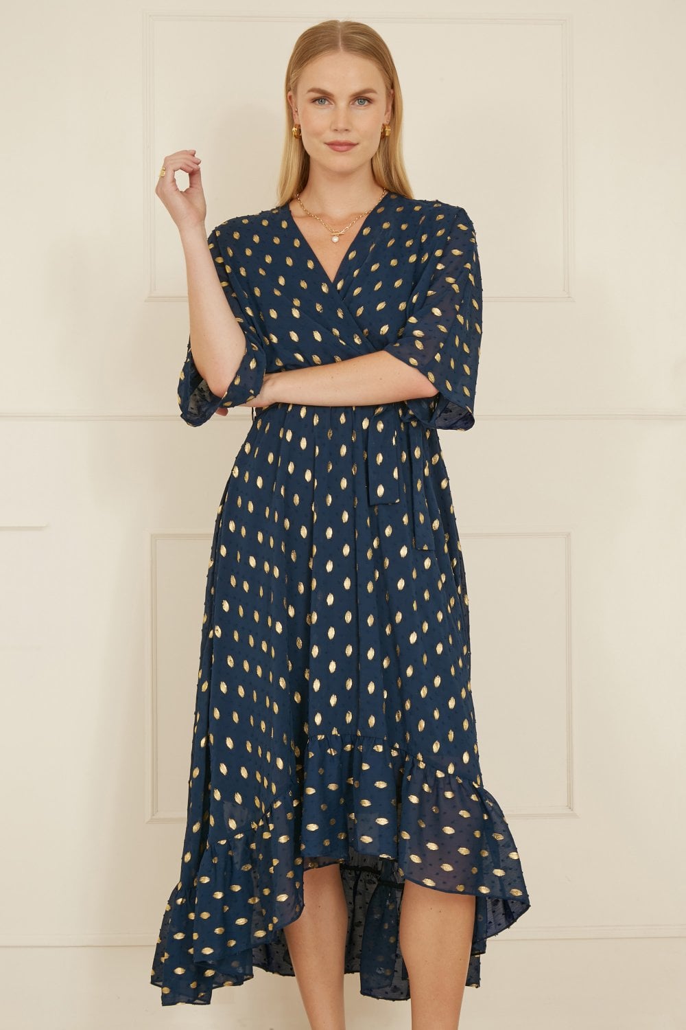 Yumi Navy Foil Print Wrap Over Dip Hem Midi Dress - QHA UK