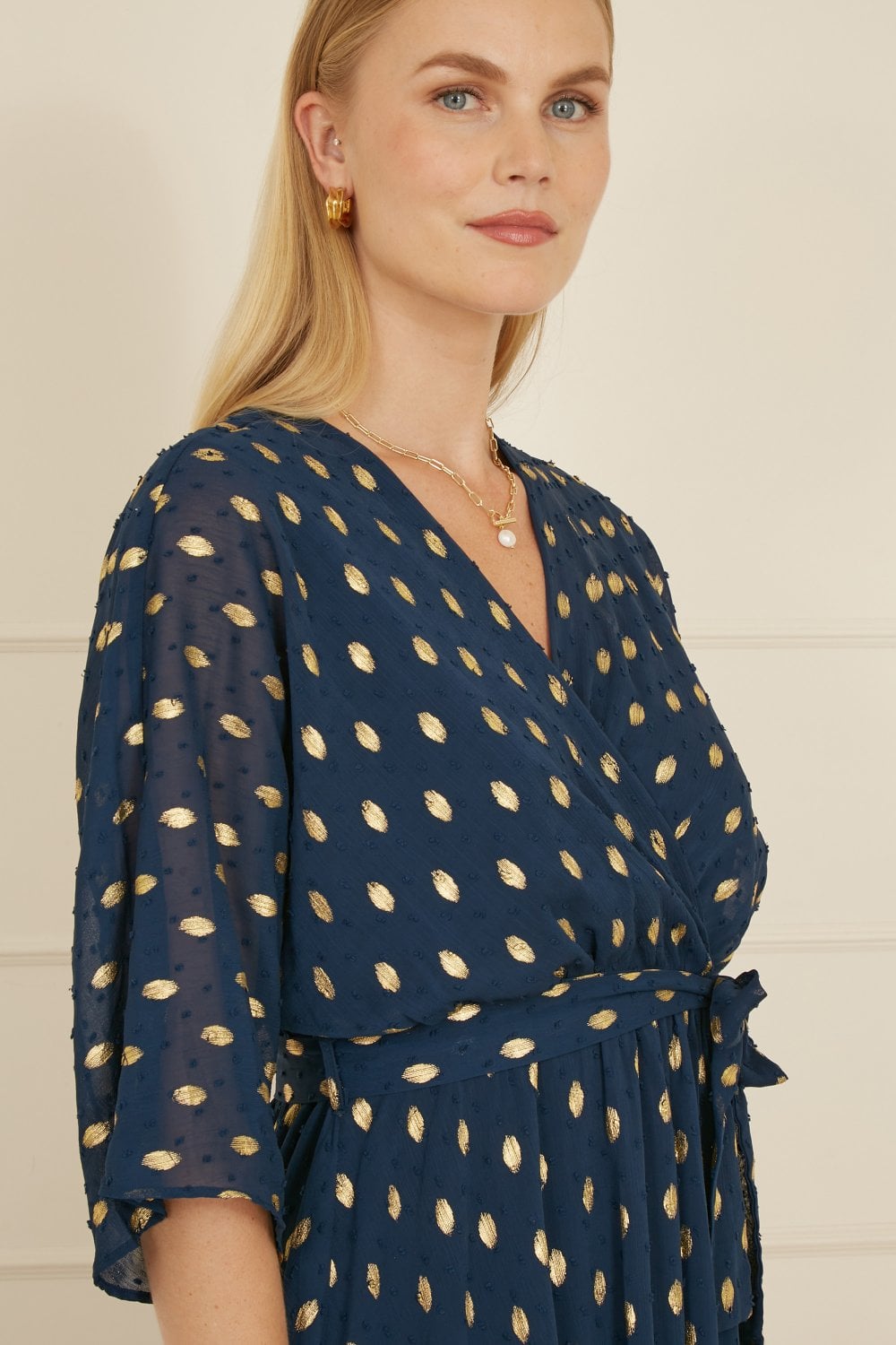 Yumi Navy Foil Print Wrap Over Dip Hem Midi Dress - QHA UK