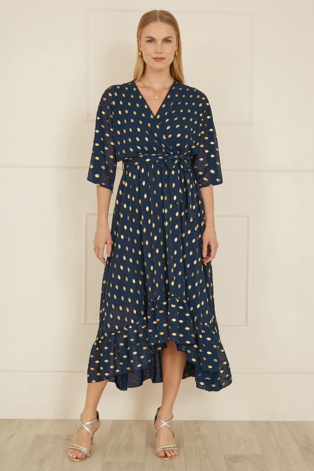 Yumi Navy Foil Print Wrap Over Dip Hem Midi Dress - QHA UK