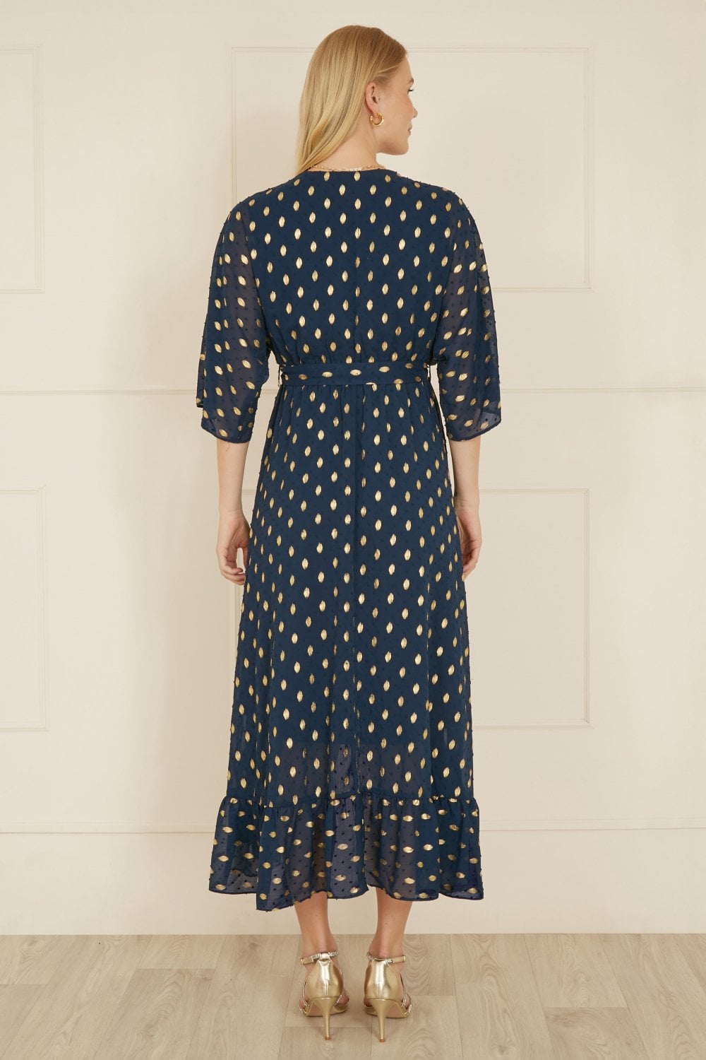 Yumi Navy Foil Print Wrap Over Dip Hem Midi Dress - QHA UK