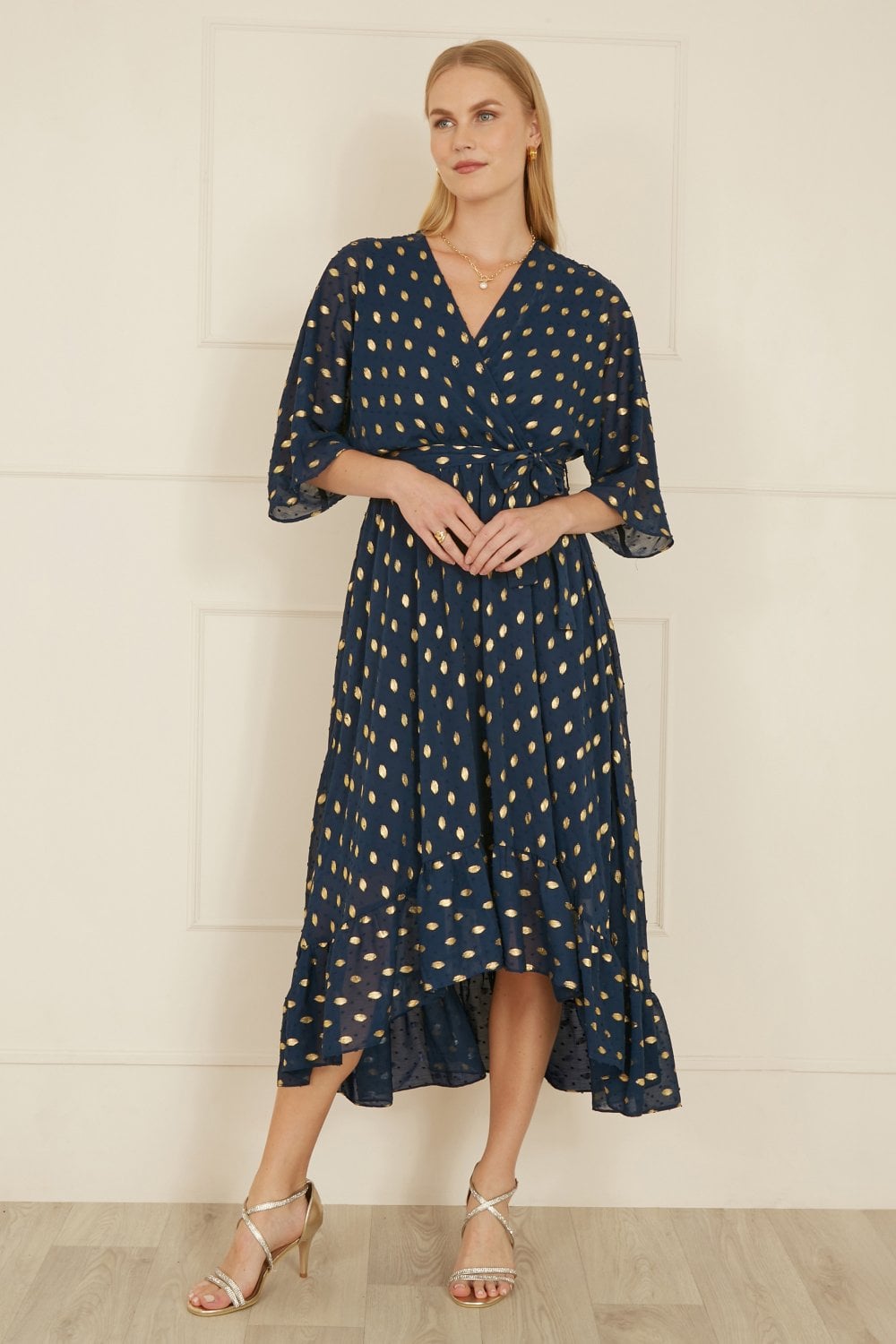 Yumi Navy Foil Print Wrap Over Dip Hem Midi Dress - QHA UK