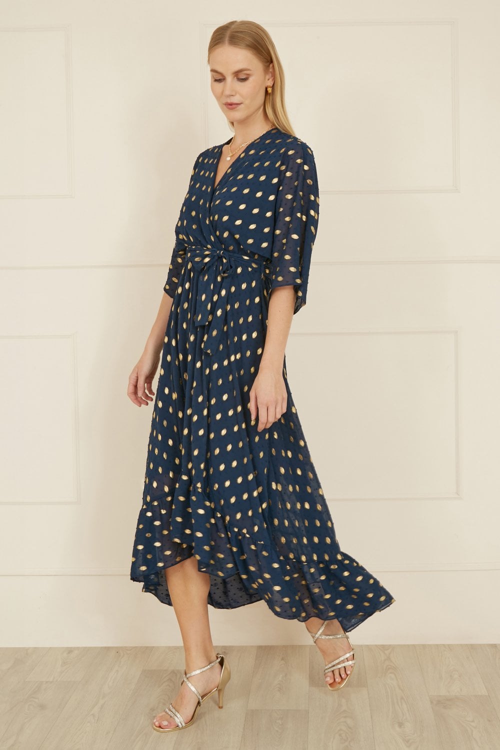 Yumi Navy Foil Print Wrap Over Dip Hem Midi Dress - QHA UK