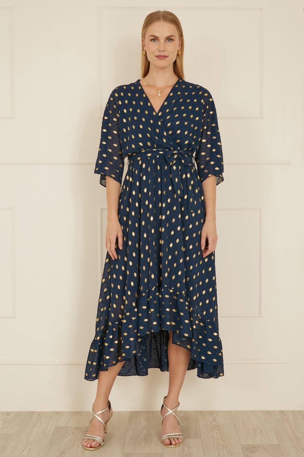 Yumi Navy Foil Print Wrap Over Dip Hem Midi Dress - QHA UK