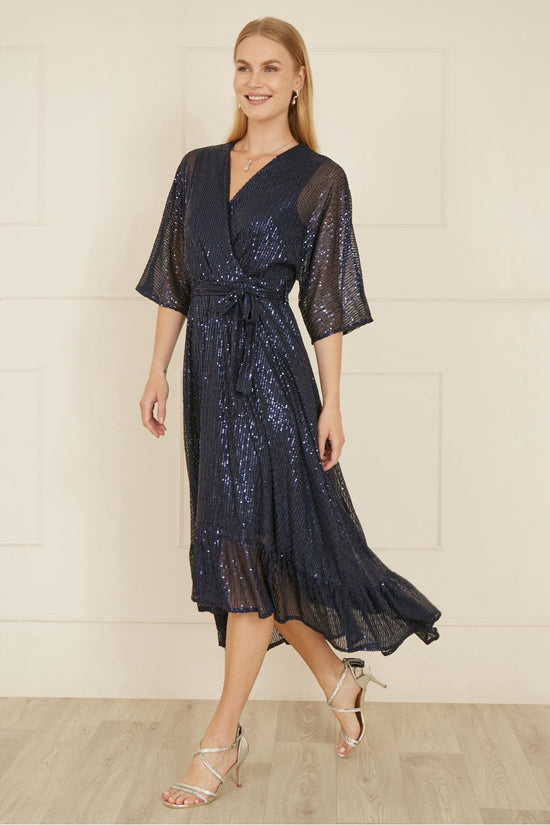 Yumi Navy Sequin Kimono Midi Wrap Dress - QHA UK