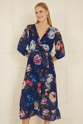 Yumi Navy Watercolour Dip Hem Midi Wrap Dress - QHA UK