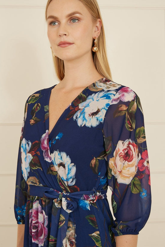 Yumi Navy Watercolour Dip Hem Midi Wrap Dress - QHA UK