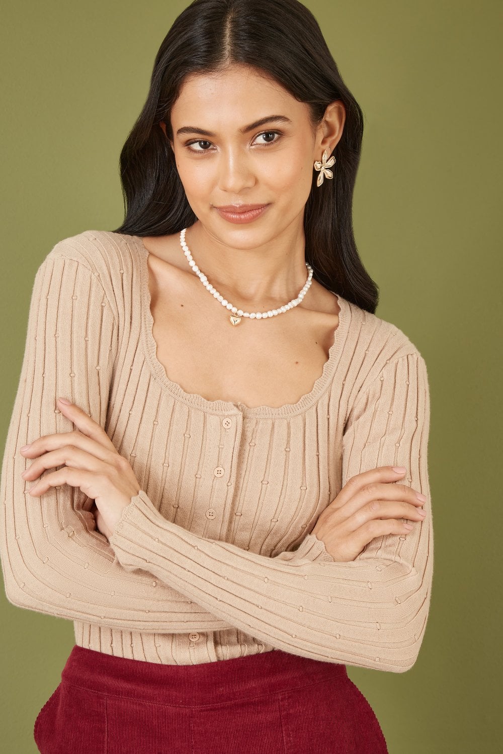 Yumi Oatmeal Fitted Rib Button Up Cardigan