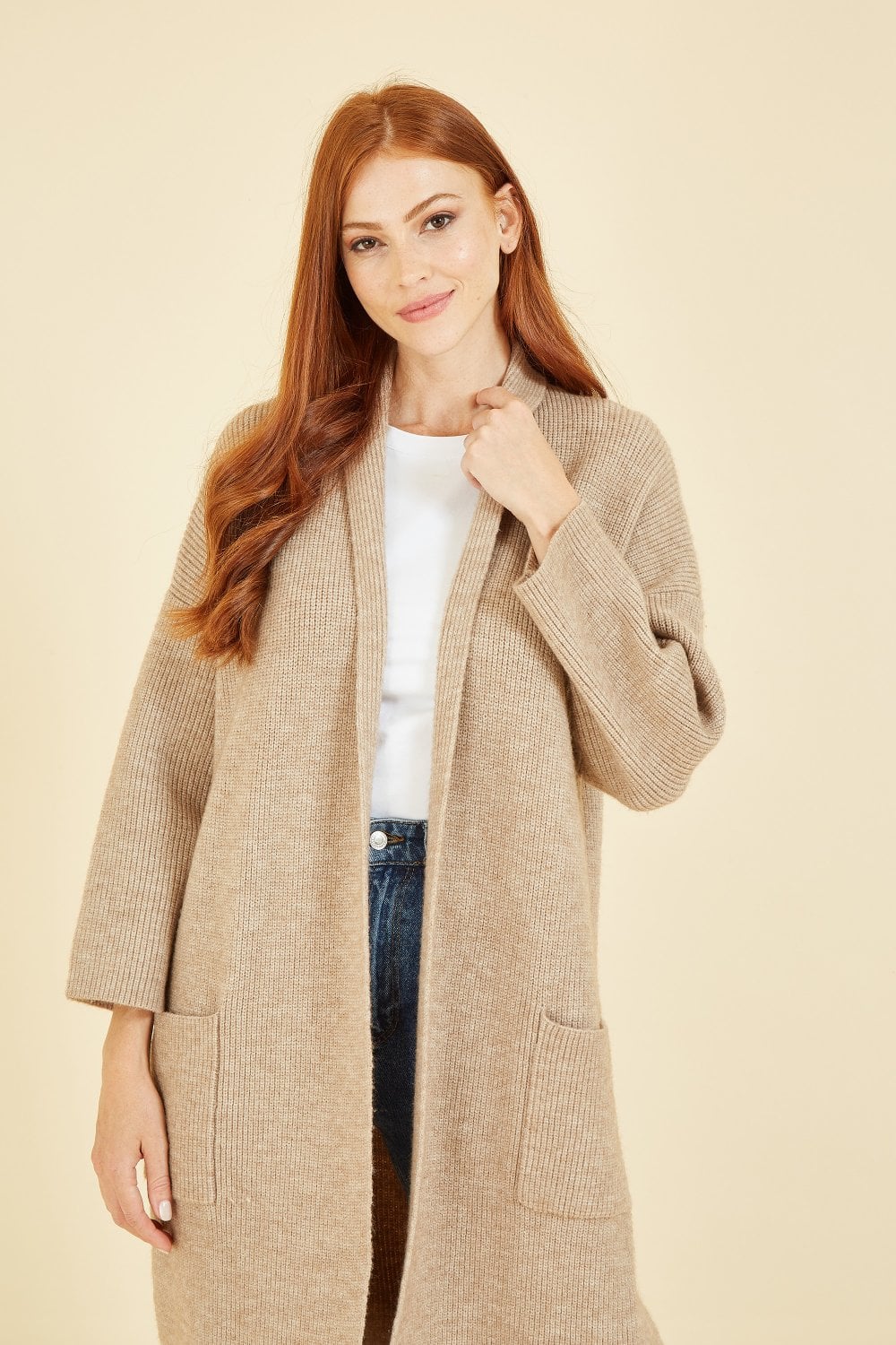 Yumi Oatmeal Knitted Maxi Cardigan With Pockets