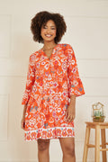 Yumi Orange Ikat Print 3/4 Sleeve Tunic Dress - QHA UK