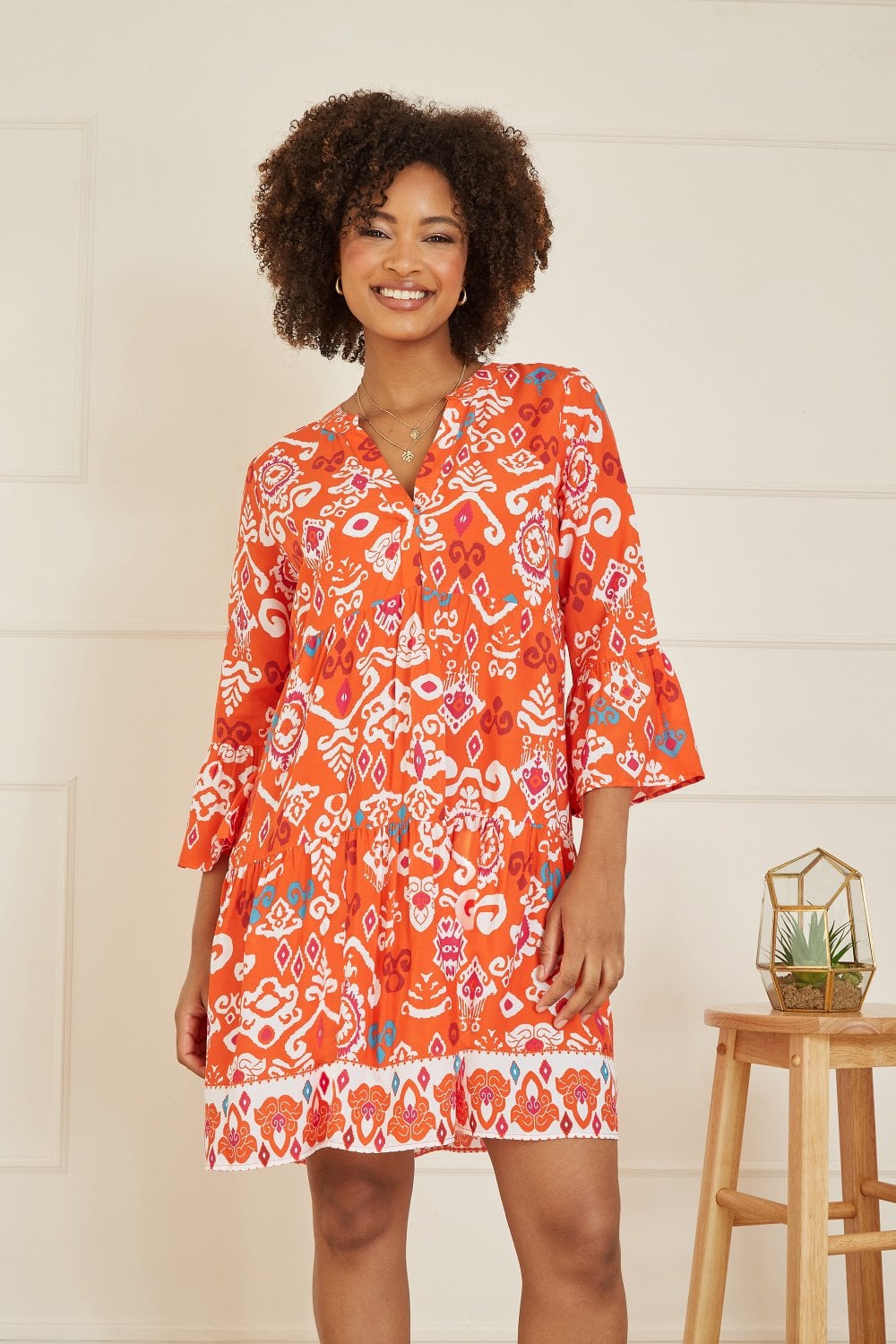 Yumi Orange Ikat Print 3/4 Sleeve Tunic Dress - QHA UK