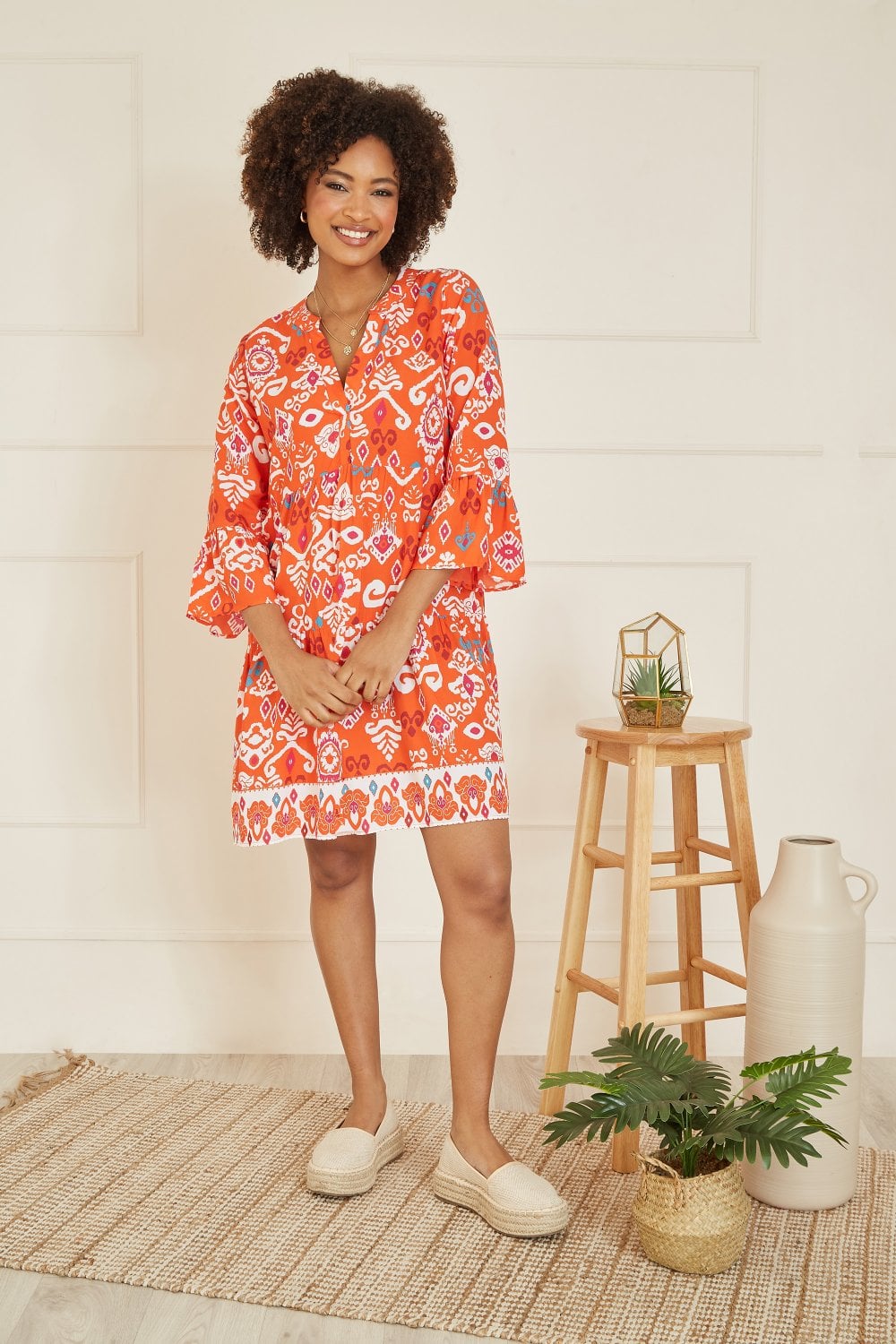 Yumi Orange Ikat Print 3/4 Sleeve Tunic Dress - QHA UK