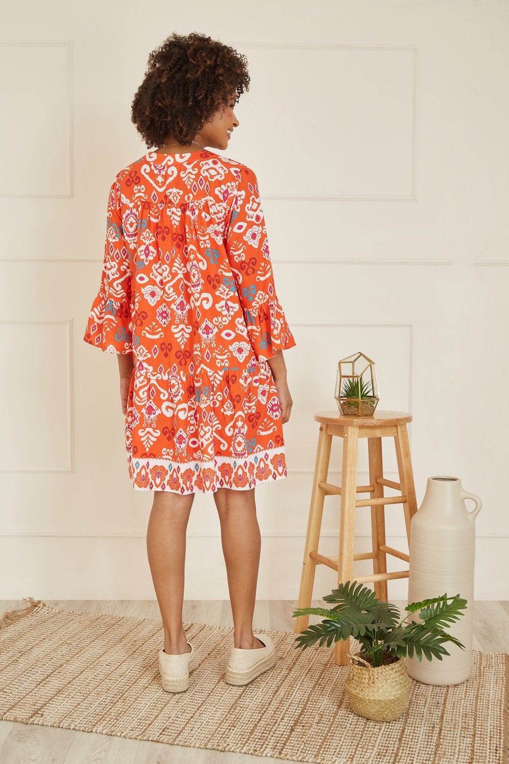 Yumi Orange Ikat Print 3/4 Sleeve Tunic Dress - QHA UK