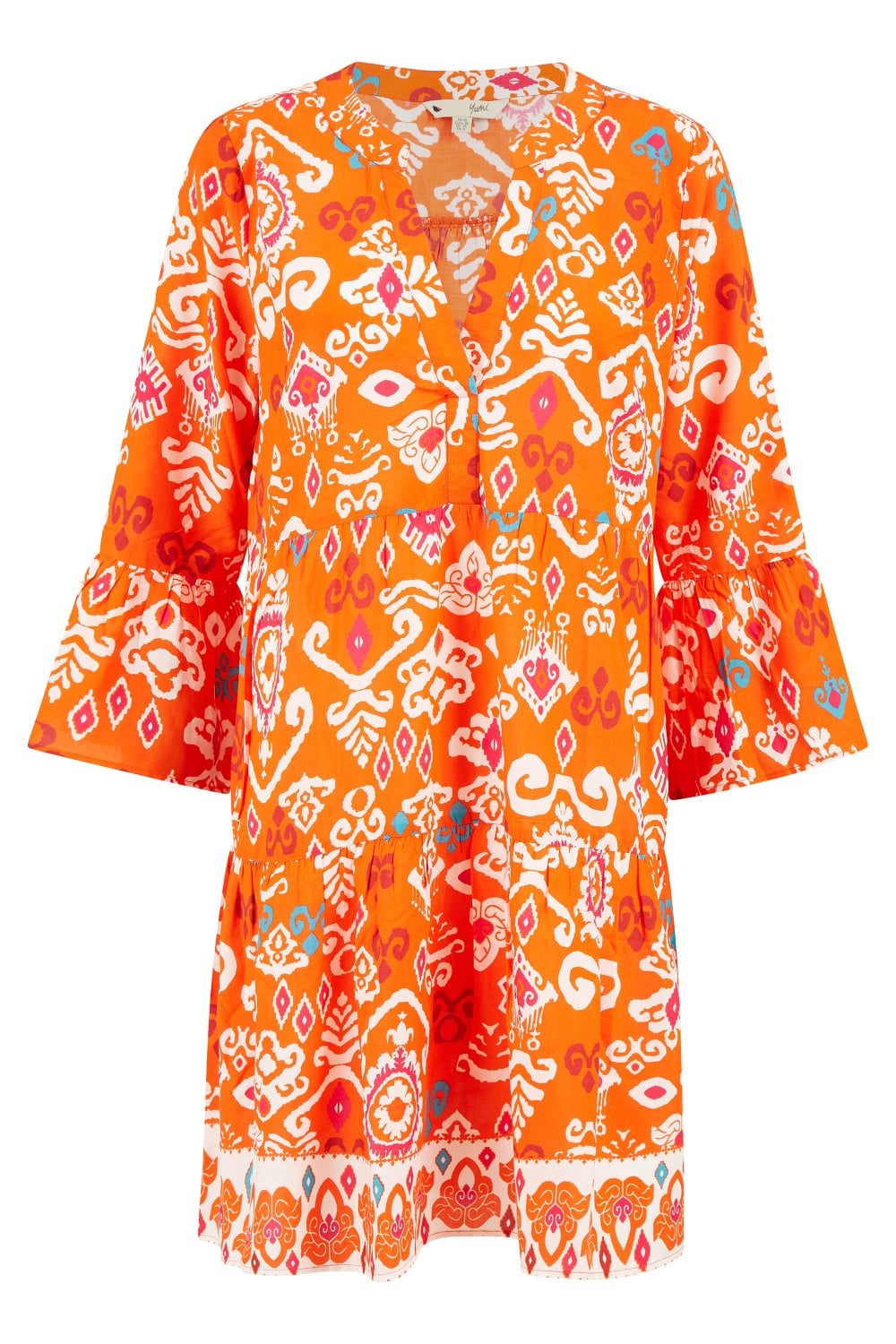 Yumi Orange Ikat Print 3/4 Sleeve Tunic Dress - QHA UK