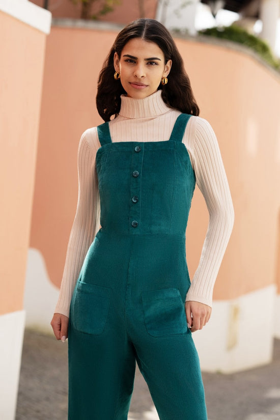 Yumi Teal Cord Stretch Dungaree Style Jumpsuit - QHA UK