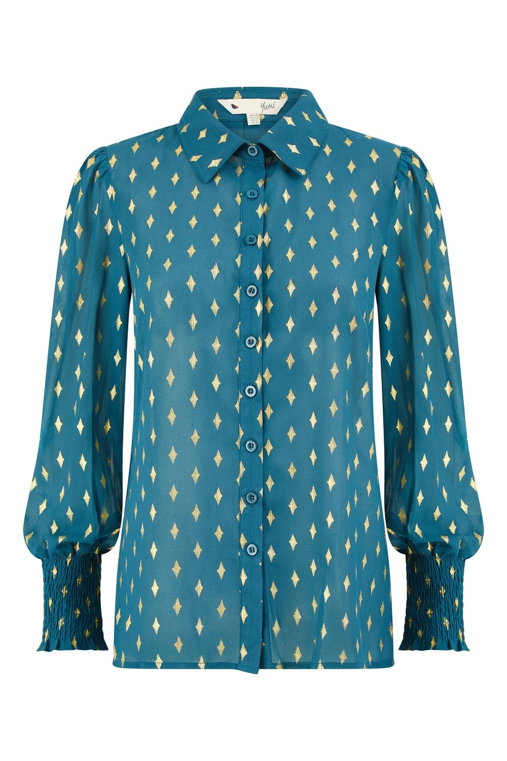 Yumi Teal Diamond Foil Print Top With Ruched Cuff