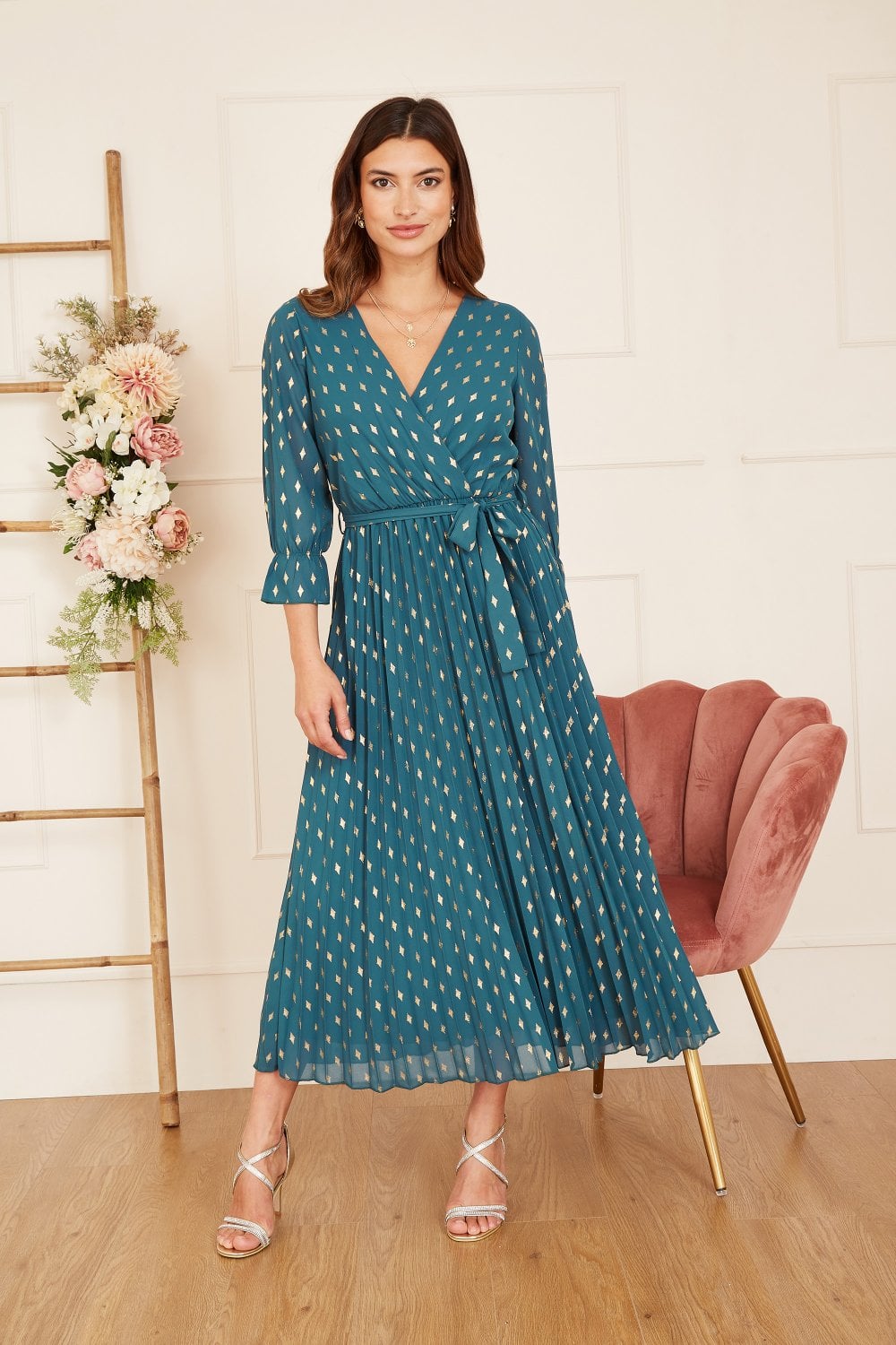 Yumi Teal Foil Printed Pleated Wrap Midi Dress