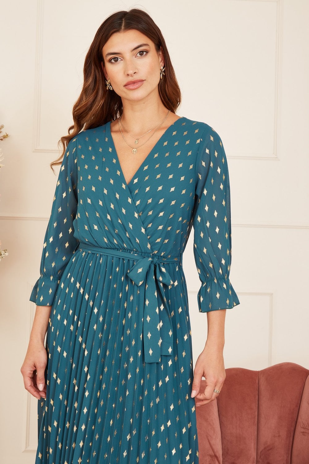Yumi Teal Foil Printed Pleated Wrap Midi Dress