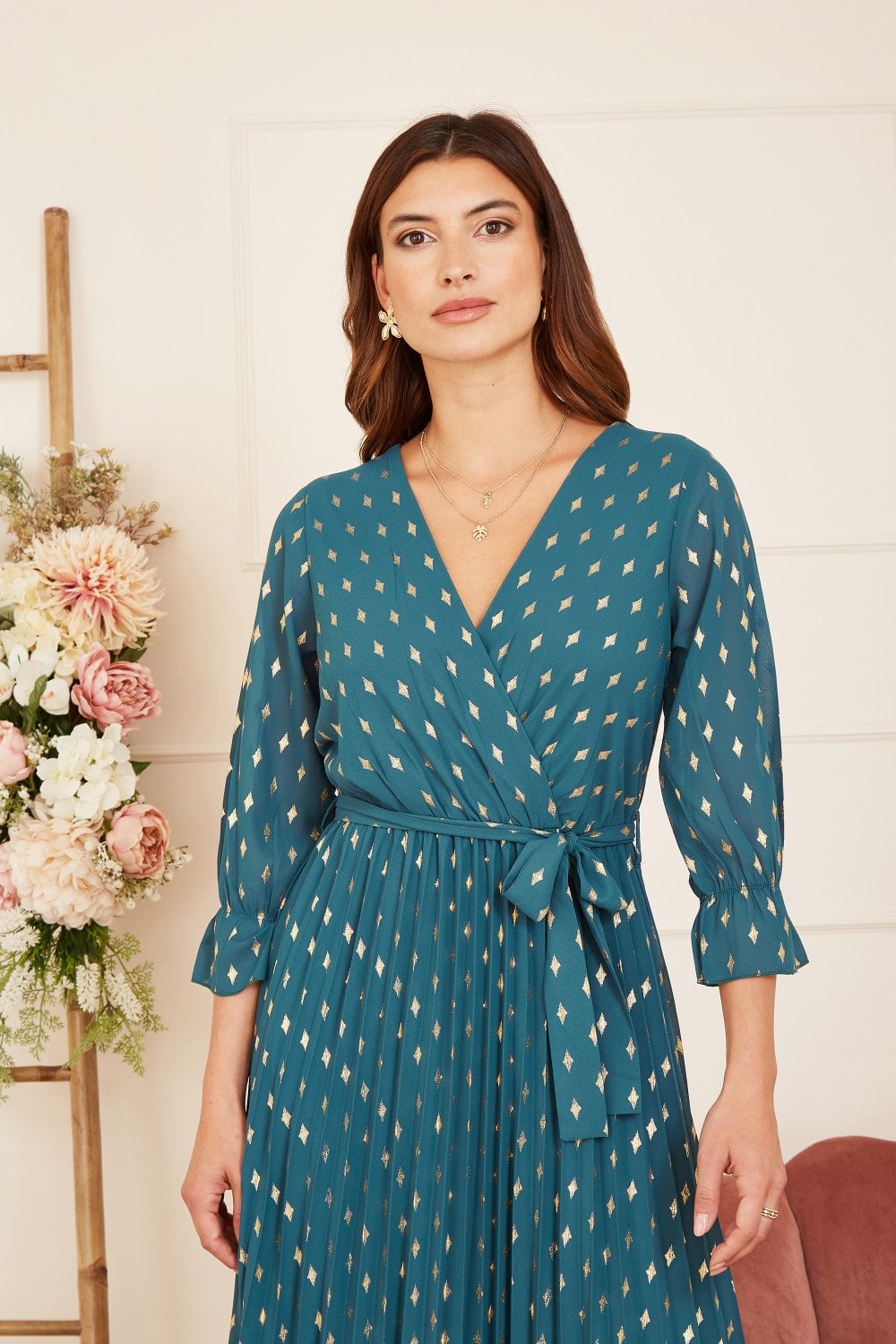 Yumi Teal Foil Printed Pleated Wrap Midi Dress