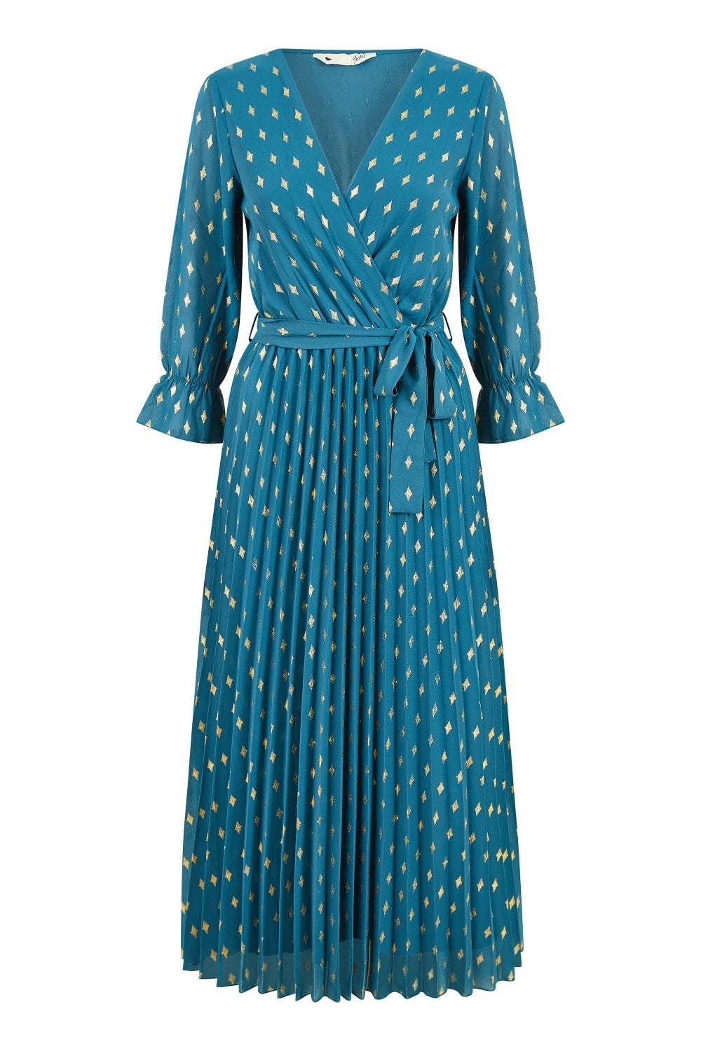 Yumi Teal Foil Printed Pleated Wrap Midi Dress
