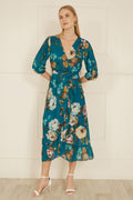 Yumi Teal Watercolour Dip Hem Midi Wrap Dress - QHA UK