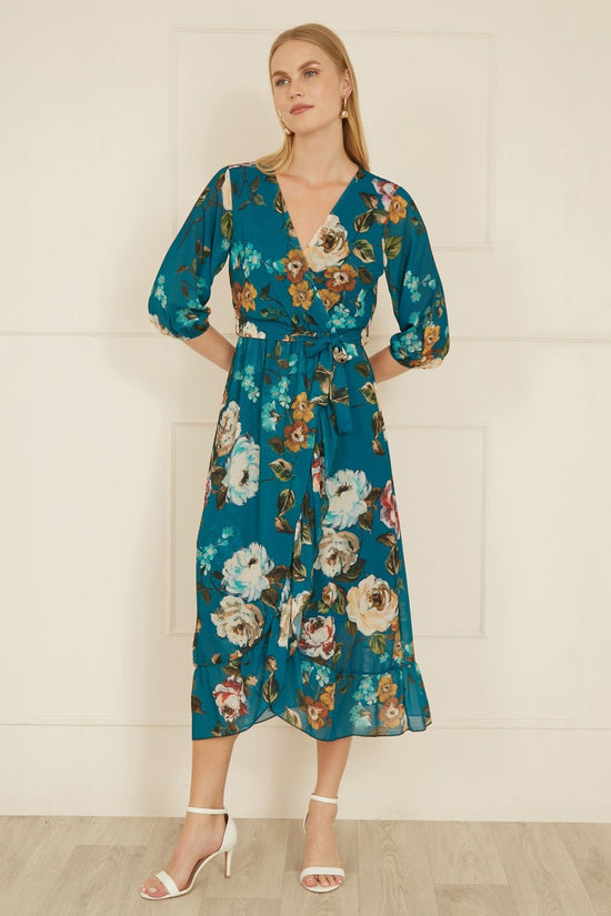 Yumi Teal Watercolour Dip Hem Midi Wrap Dress - QHA UK