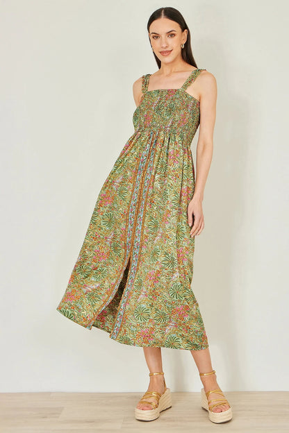 Yumi Women's Green Foil Palm Print Ruched Maxi Dress Sizes 6–18