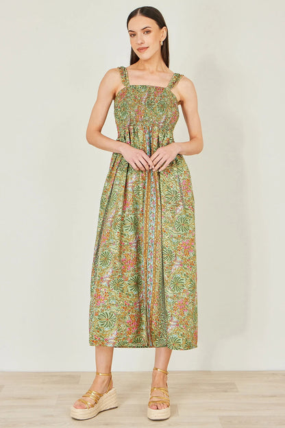 Yumi Women's Green Foil Palm Print Ruched Maxi Dress Sizes 6–18